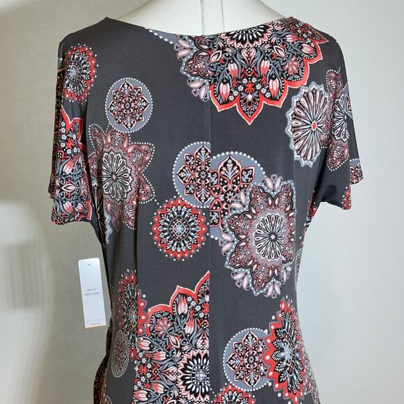 NWT Robbie Bee Gray Coral Floral Circles Faux Wrap Dress Womens Size Medium M - Picture 7 of 12
